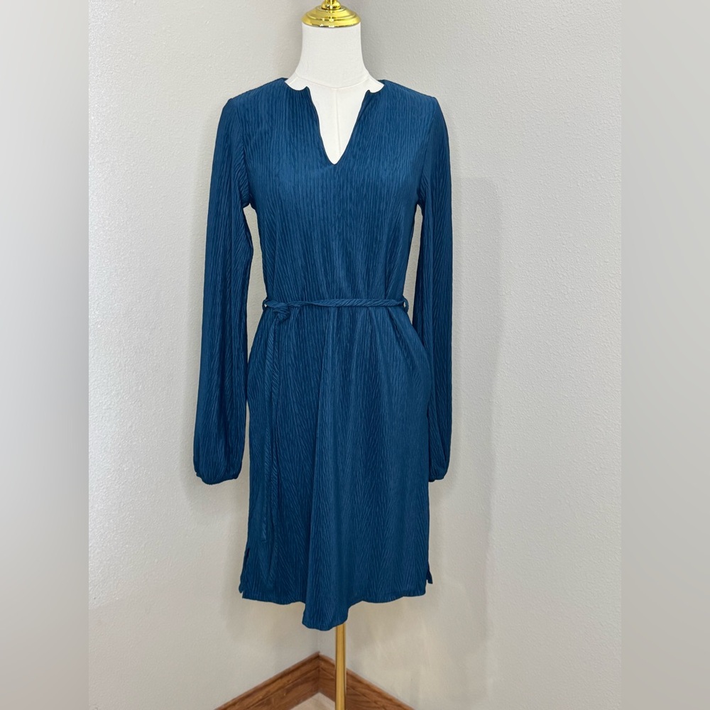Gilli Teal Textured Tie Waist Dress With Pockets Long Sleeve Small NWT